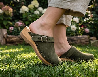 Green Leather Clogs with Wooden Sole and Antique Studs