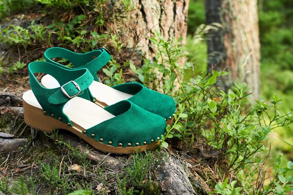 Swedish Sandal Clog Natural Leather Sandal Handmade Clog Wooden Sandals Style 2021 Christmas Giftmother Day Gift Green Suede Colour Etsy