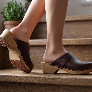 Brown Vintage Swedish Clogs for Men, Comfortable Wooden Sole Design