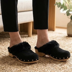 Sheepskin Clogs with Heel, Suede Leather and Alder Wood Sole