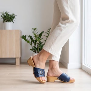 Swedish Clog Sandal: Dark Blue Natural Leather Wooden Mules