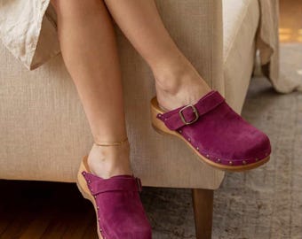 Red Vintage Suede Leather Clogs: Handmade Wooden Mules