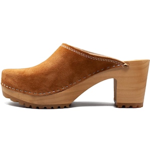 Brown suede high heel clogs for women