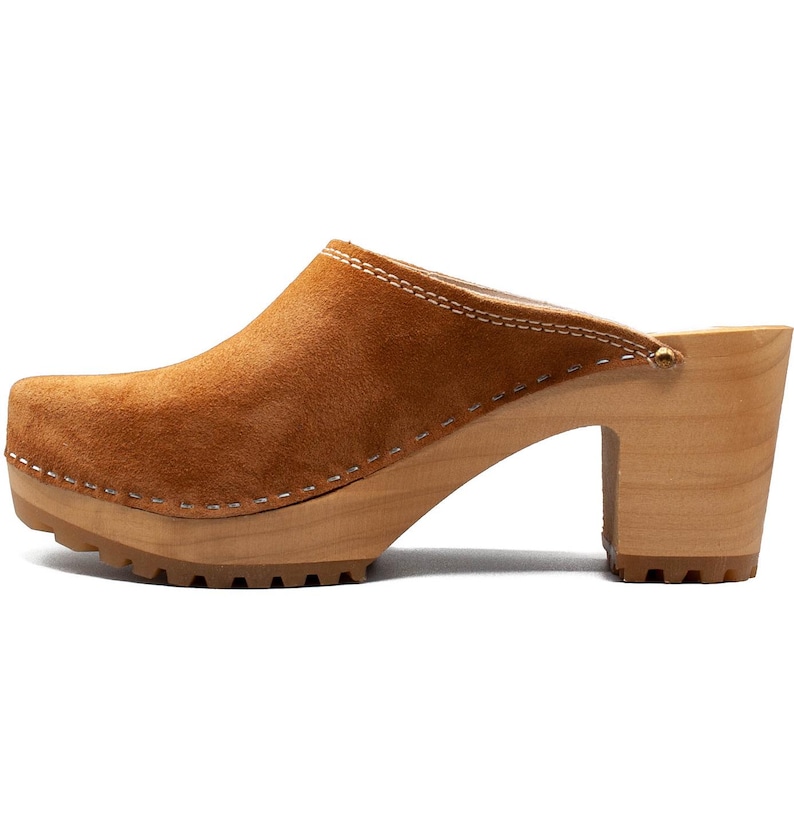Brown suede high heel clogs for women