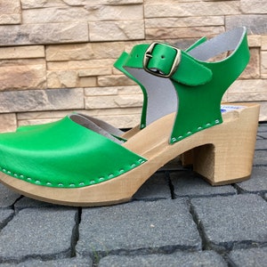 Handmade Leather Clogs Swedish Clog Sandals, Natural Leather , Woden Clog Sandals, Green leatherChristmas giftmother Day Gift