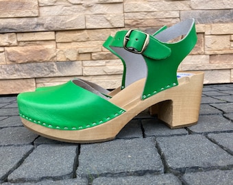 Handmade Leather Clogs Swedish Clog Sandals, Natural Leather , Woden Clog Sandals, Green leatherChristmas giftmother Day Gift