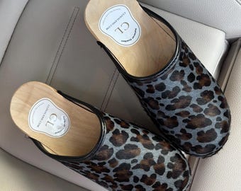 Swedish Cowhide Clogs | Leather Shoes for Women Leopard Print | Wooden soled, Garden Mules, Footwear