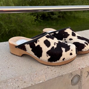 Swedish cowhide clogs - Stylish black and white cowhide clogs - Perfect birthday and Christmas gift