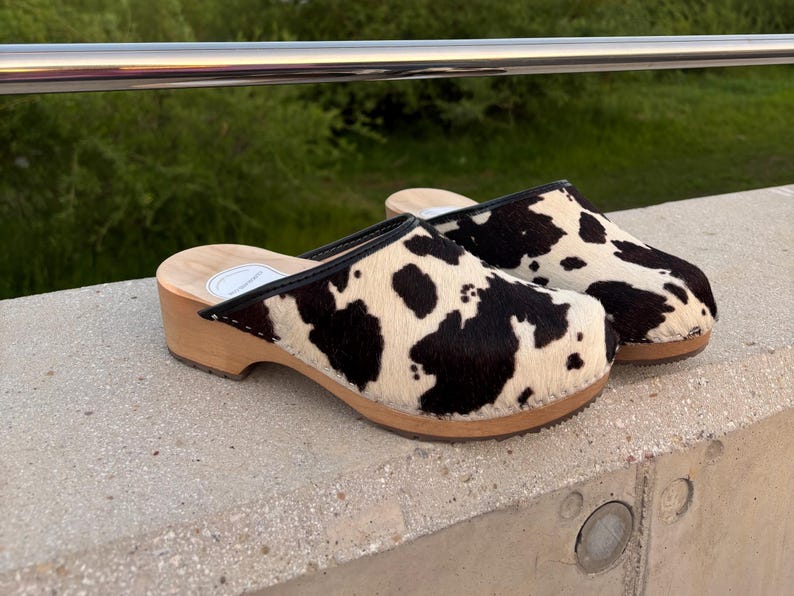 Swedish cowhide clogs - Stylish black and white cowhide clogs - Perfect birthday and Christmas gift