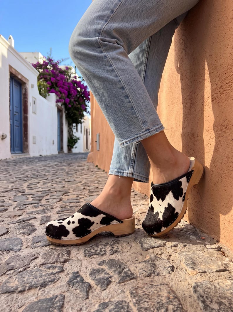 Cow Leather Clogs Shoes with cowhide in black and white, womens wooden mules