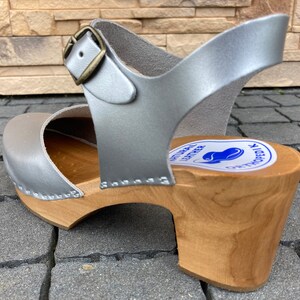 Silver Clogs with Wooden Heel | Women's Summer Sandals, Boho Wedding Shoes, Adjustable Strap image 5