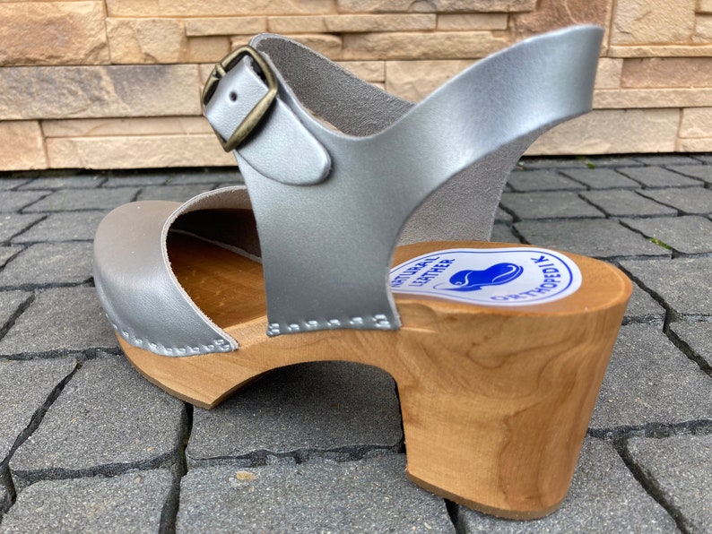 Silver Clogs with Wooden Heel | Women's Summer Sandals, Boho Wedding Shoes, Adjustable Strap image 5