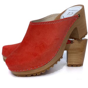 Orange Suede Wooden Clogs for Women – Handmade Heeled Clogs, Scandinavian Style, Comfortable Leather Mules