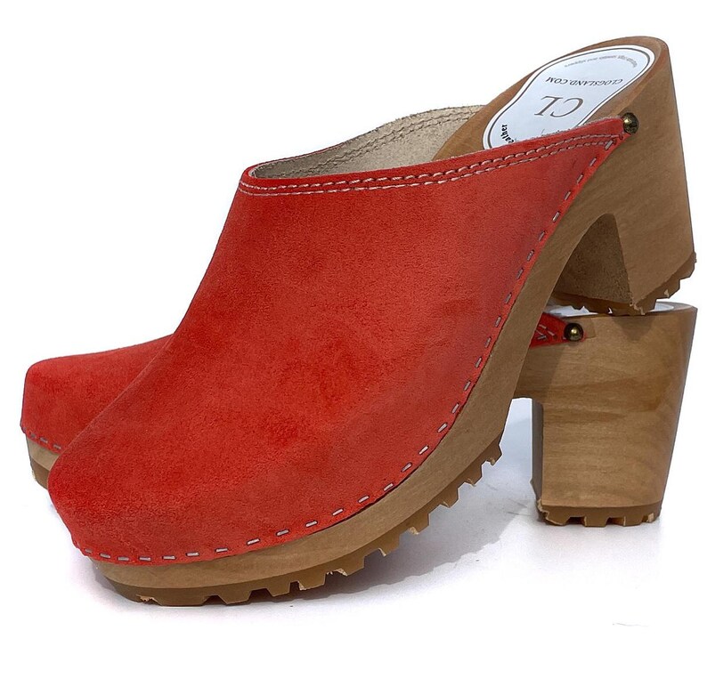 Orange Suede Wooden Clogs for Women – Handmade Heeled Clogs, Scandinavian Style, Comfortable Leather Mules