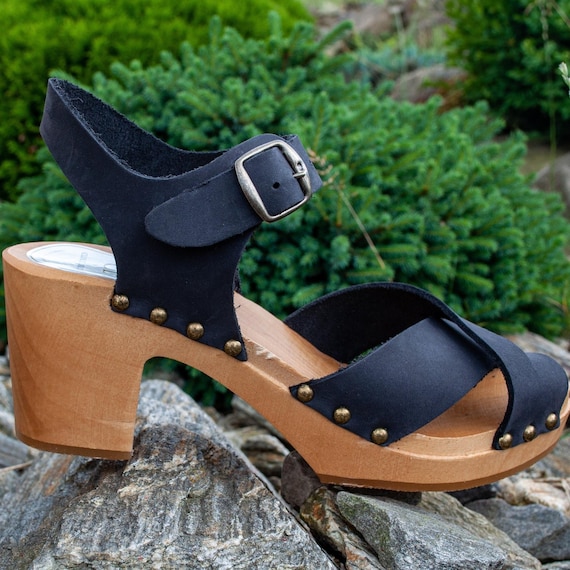 Anthracite Oiled Nubuck High Heel Clogs Handmade Swedish Sandals
