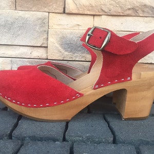 Handmade Leather Clogs Swedish Clog Sandals, Natural Leather , Woden Clog Sandals, Red leatherChristmas giftmother Day Gift Garden clogs