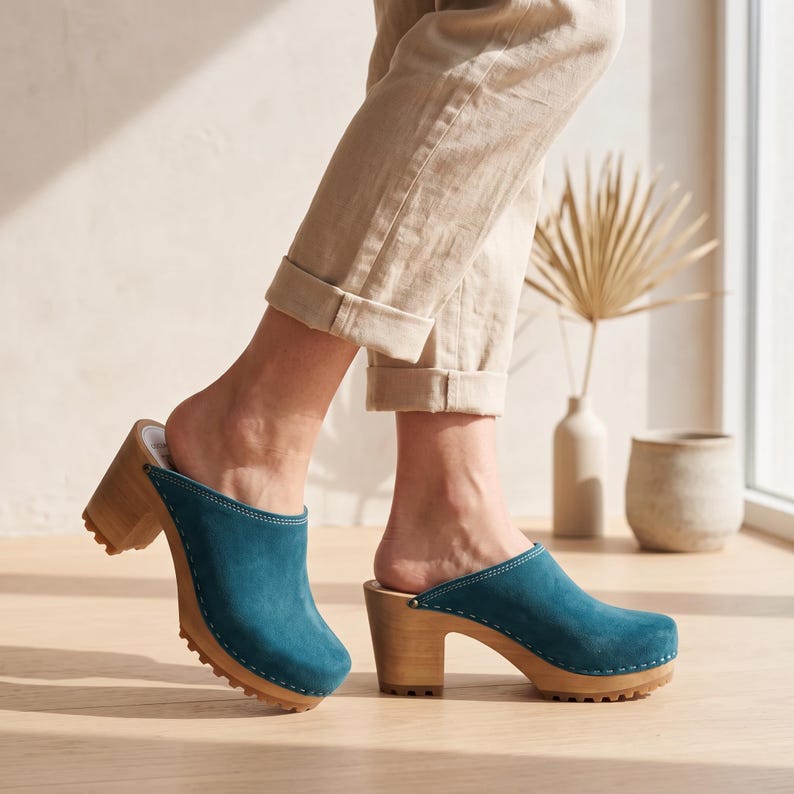 Blue Suede Wooden Clogs for Women – Handmade Heeled Clogs, Scandinavian Style, Comfortable Leather Mules image 1