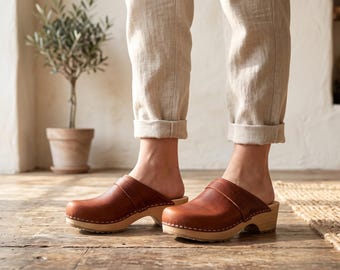 Vintage Style Mens Clogs Brown Leather Wooden Mules | Swedish Rustic Platform Shoes for Men