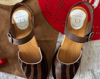 Handmade Cowhide Leather Clogs | High Heel Wooden Mules, Boho Chic