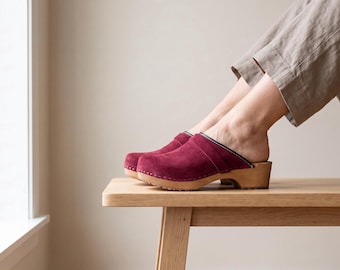 Red Leather Clogs for Women, Orthopedic Swedish Style Footwear