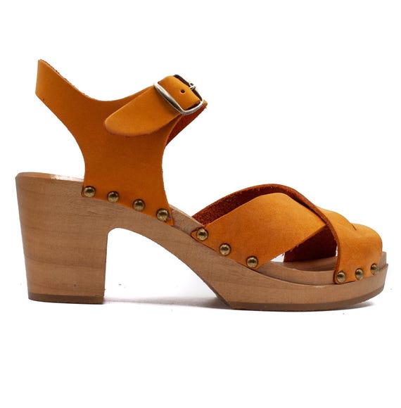 Tea Nubuck High Heel Clogs: Handmade Swedish Wooden Sandals