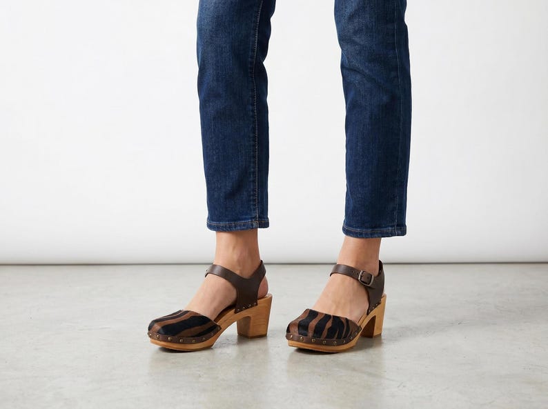 Handmade Cowhide Leather Clogs | High Heel Wooden Mules, Boho Chic
