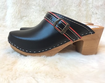 Leather High Heel Clogs | Swedish Style Wooden Platform Shoes for Women, Summer Scandinavian Footwear