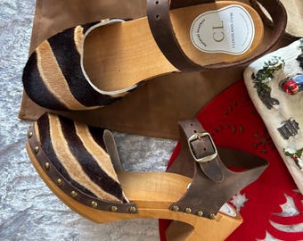 Cowhide Hair-on Leather Clogs: Wooden Sole High Heel Sandals with belt