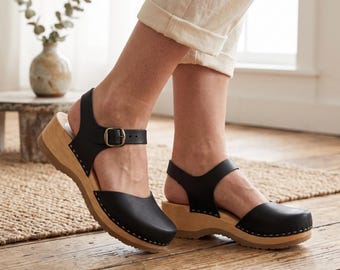 Black Nubuck Leather Swedish Clogs with Ankle Strap and Wooden Sole