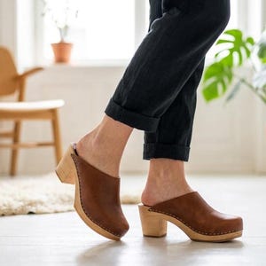 Swedish Clogs in Brown Nubuck Leather, Vintage Wooden Platform Slippers