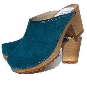 Blue Suede Wooden Clogs for Women – Handmade Heeled Clogs, Scandinavian Style, Comfortable Leather Mules