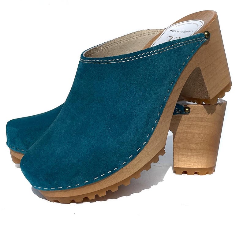 Blue Suede Wooden Clogs for Women – Handmade Heeled Clogs, Scandinavian Style, Comfortable Leather Mules