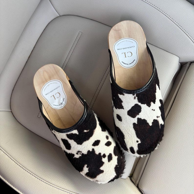 Swedish cowhide clogs - Stylish black and white cowhide clogs - Perfect birthday and Christmas gift