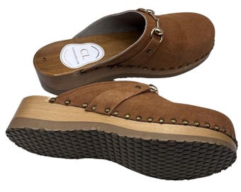 Handmade Suede Leather Clogs: Wooden Platform Mules with Brass Detail