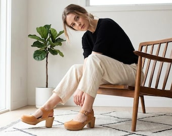 Vegan Leather Clogs, Wooden Sole Heeled Sandals with Orthopedic Insole