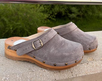 Classic Gray Suede Clogs Shoes: Handmade Wooden Mules
