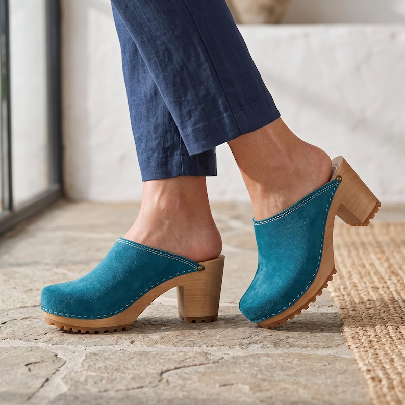 Blue Suede Wooden Clogs for Women – Handmade Heeled Clogs, Scandinavian Style, Comfortable Leather Mules image 4