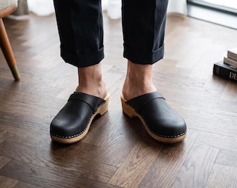 Swedish Clogs in Nubuck Leather for Women, Stylish Wooden Mules
