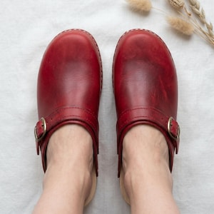 Vintage Red Clogs with Leather Buckle Strap and Wooden Sole