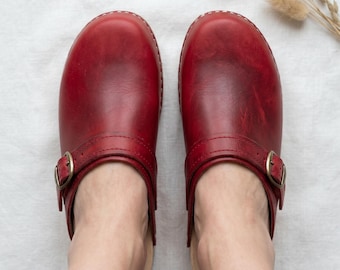 Vintage Red Clogs with Leather Buckle Strap and Wooden Sole