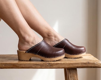 Swedish Clogs in Natural Leather, Wooden Sole Shoes for Work
