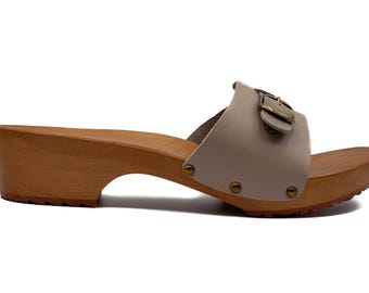 Sandali svedesi fatti a mano, Zoccoli naturali fatti a mano, Pelle naturale, Legno naturale, Zoccoli in pelle NERO