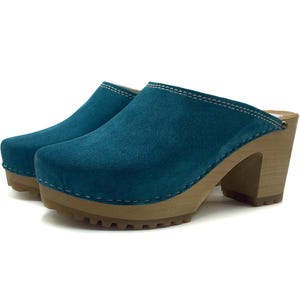 Blue Suede Wooden Clogs for Women – Handmade Heeled Clogs, Scandinavian Style, Comfortable Leather Mules