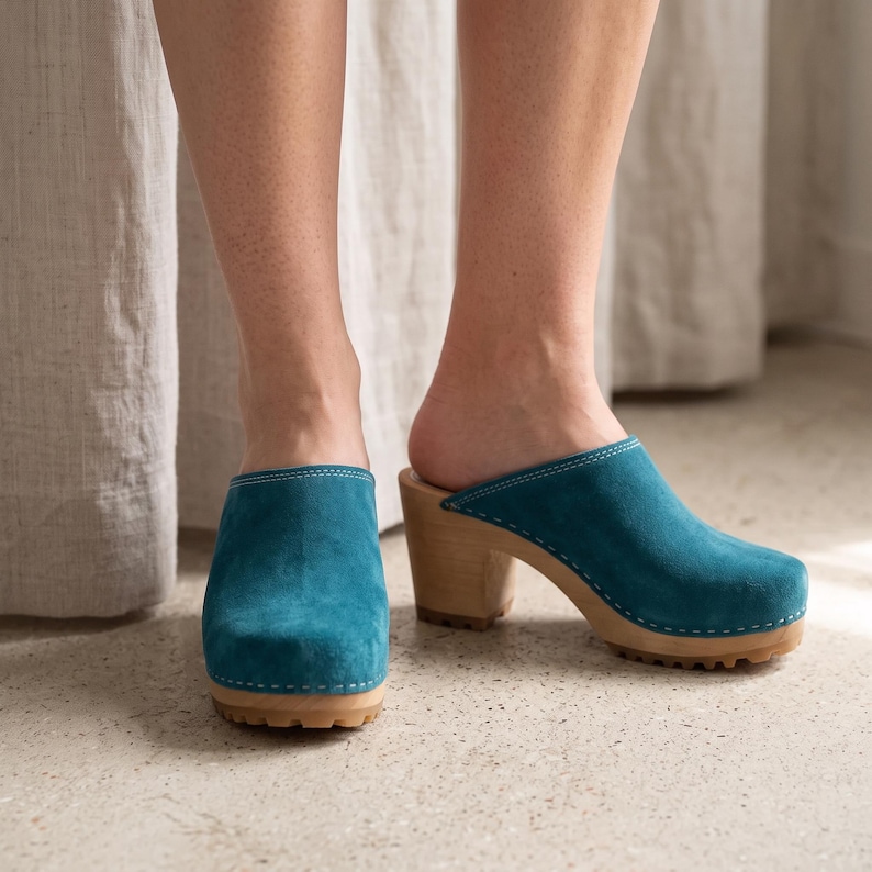 Blue Suede Wooden Clogs for Women – Handmade Heeled Clogs, Scandinavian Style, Comfortable Leather Mules image 2