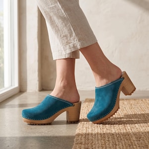 Blue Suede Wooden Clogs for Women – Handmade Heeled Clogs, Scandinavian Style, Comfortable Leather Mules image 3