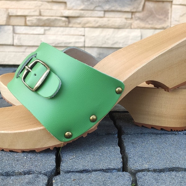 Handmade Swedish Sandals, Natural handmade sandals, Natural leather, Natural wood, Leather clogs PINK, VIOLET, GREEN, mother day gift