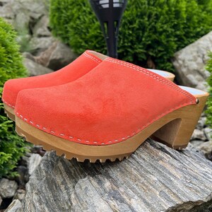 Orange Suede Wooden Clogs for Women – Handmade Heeled Clogs, Scandinavian Style, Comfortable Leather Mules