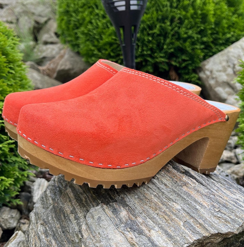 Orange Suede Wooden Clogs for Women – Handmade Heeled Clogs, Scandinavian Style, Comfortable Leather Mules