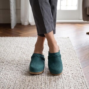 Swedish Clogs for Women, Blue Nubuck Leather Heel