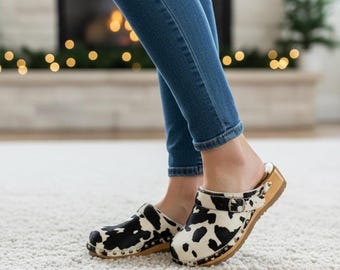 Cow Clogs with Cowhide Leather, Comfortable Wooden Slip-On Mules